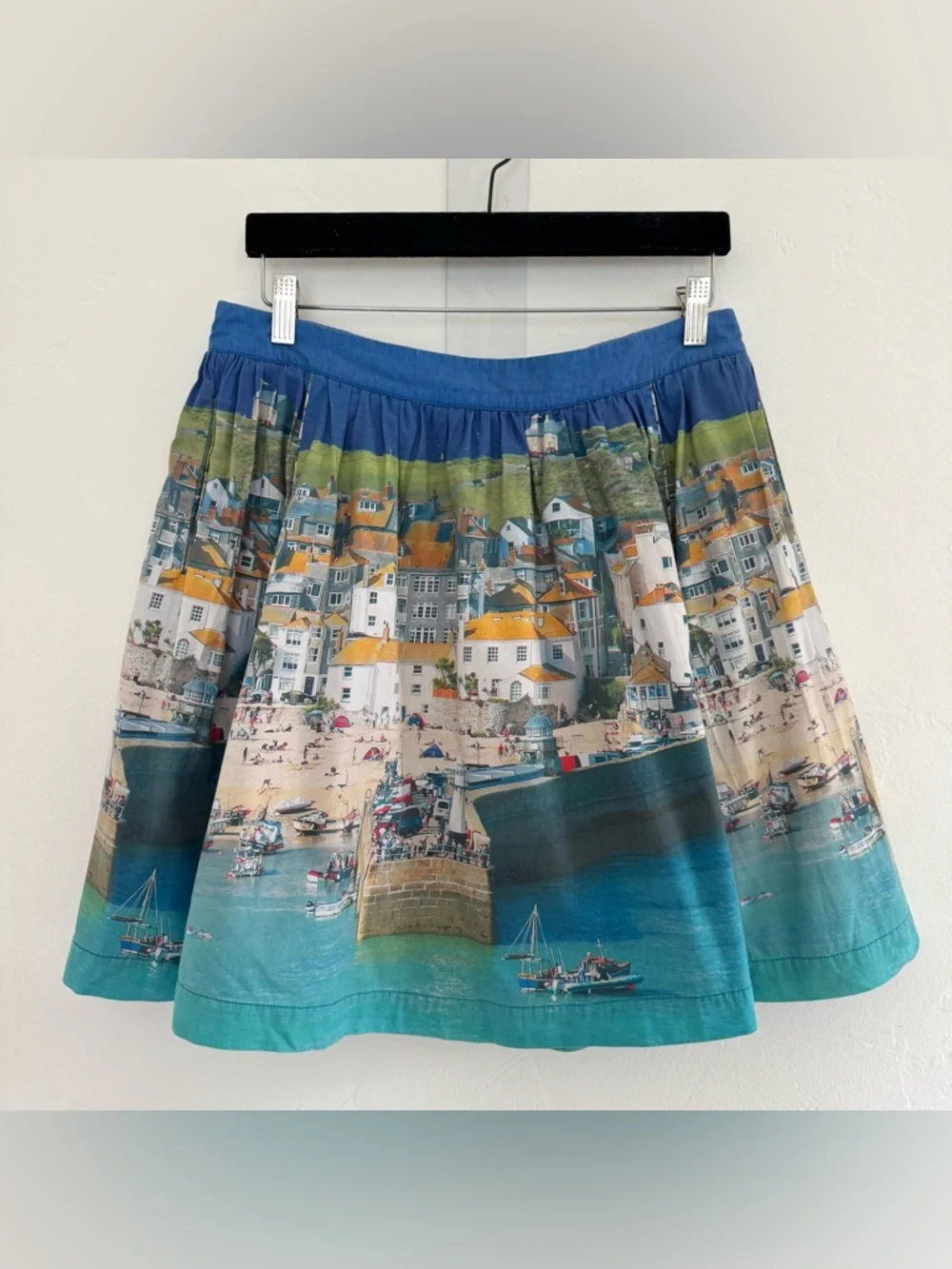 Boden St. Ives Florence Harbour Beach Seaside Scene Printed Pleated A-Line Skirt
